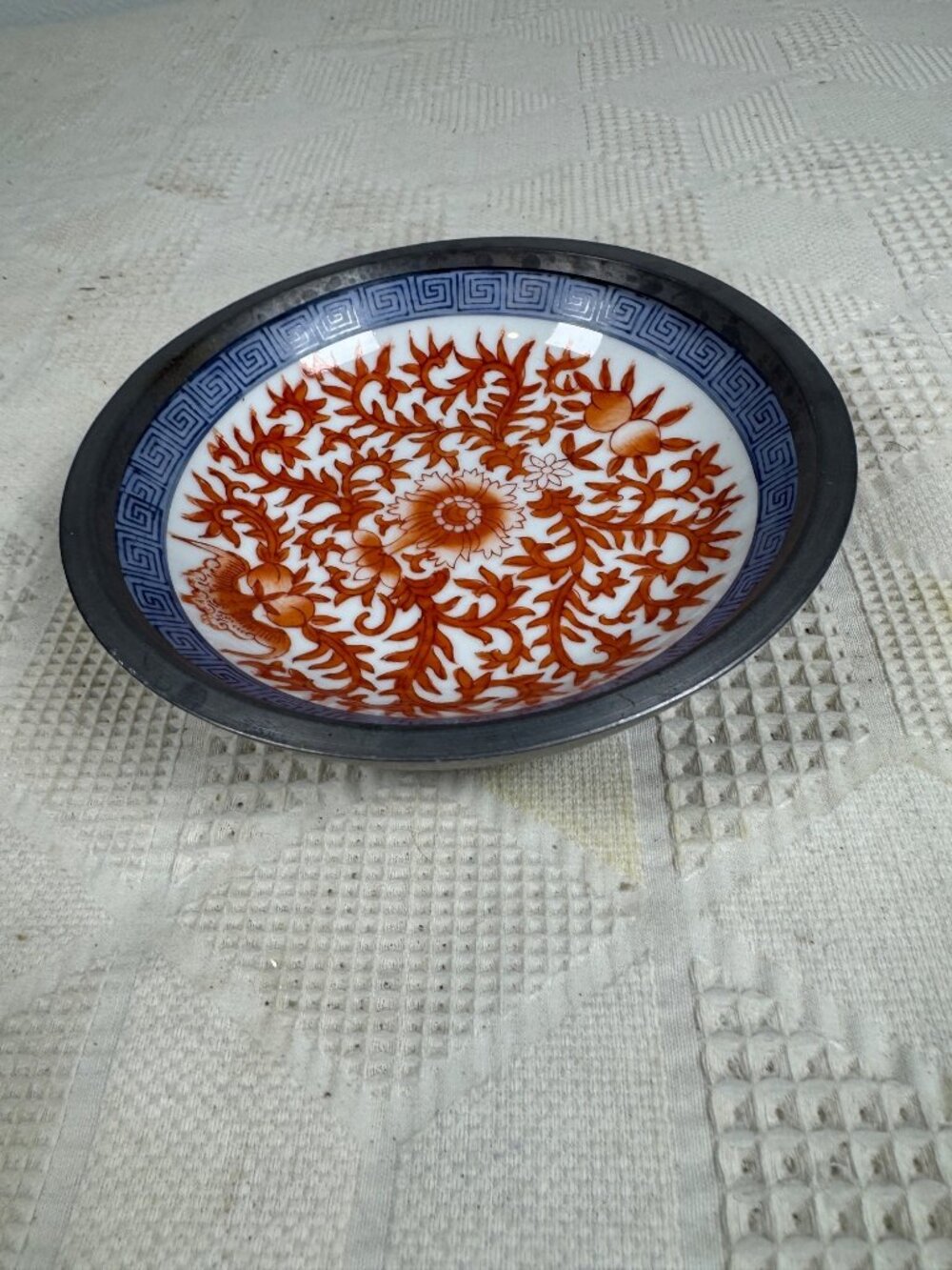 Vintage Japan TFF Ceramic Bowl Pewter Surround Floral Design Decorated Hong Kong